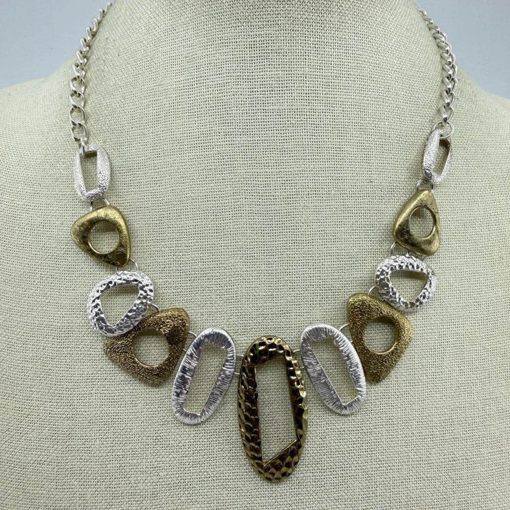 Mixed Metal Abstract Geometric Bib Necklace Gold & Silver Tone Statement Jewelry